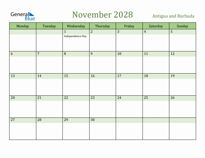 November 2028 Calendar with Antigua and Barbuda Holidays