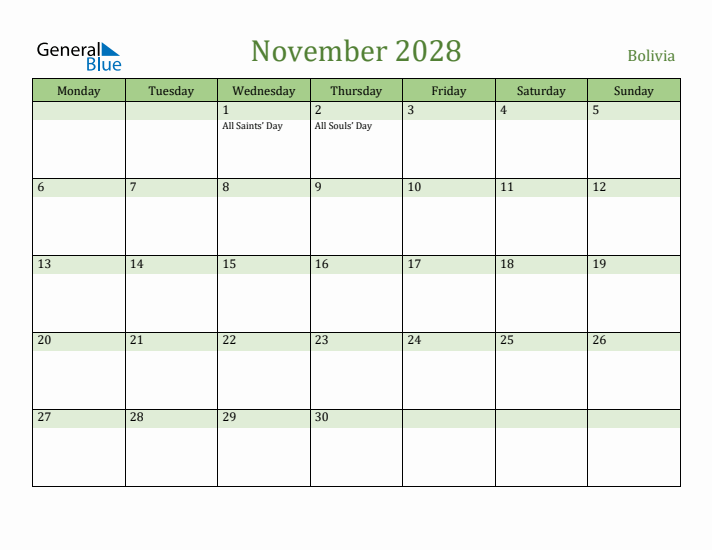 November 2028 Calendar with Bolivia Holidays