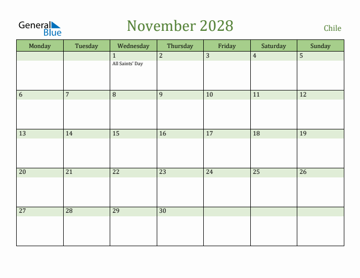 November 2028 Calendar with Chile Holidays