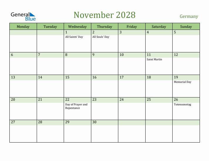 November 2028 Calendar with Germany Holidays