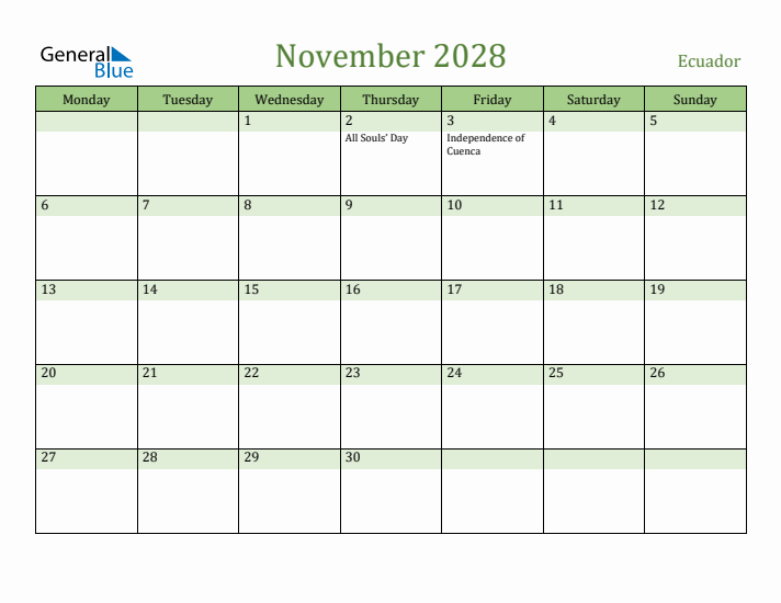 November 2028 Calendar with Ecuador Holidays