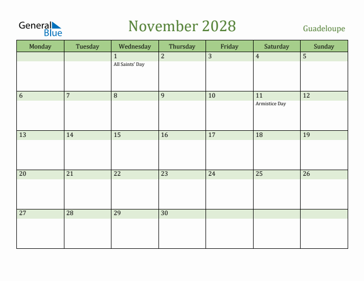 November 2028 Calendar with Guadeloupe Holidays