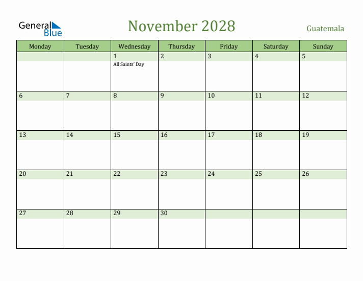 November 2028 Calendar with Guatemala Holidays