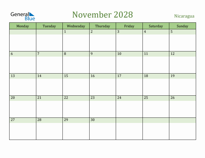 November 2028 Calendar with Nicaragua Holidays