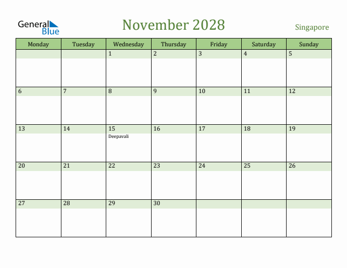 November 2028 Calendar with Singapore Holidays