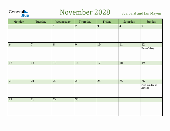 November 2028 Calendar with Svalbard and Jan Mayen Holidays