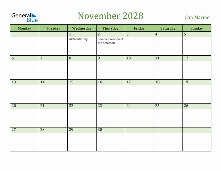 November 2028 Calendar with San Marino Holidays