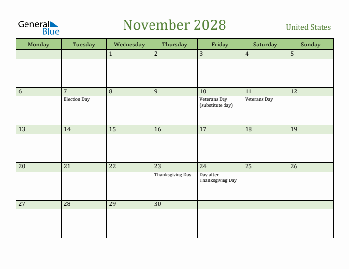 November 2028 Calendar with United States Holidays