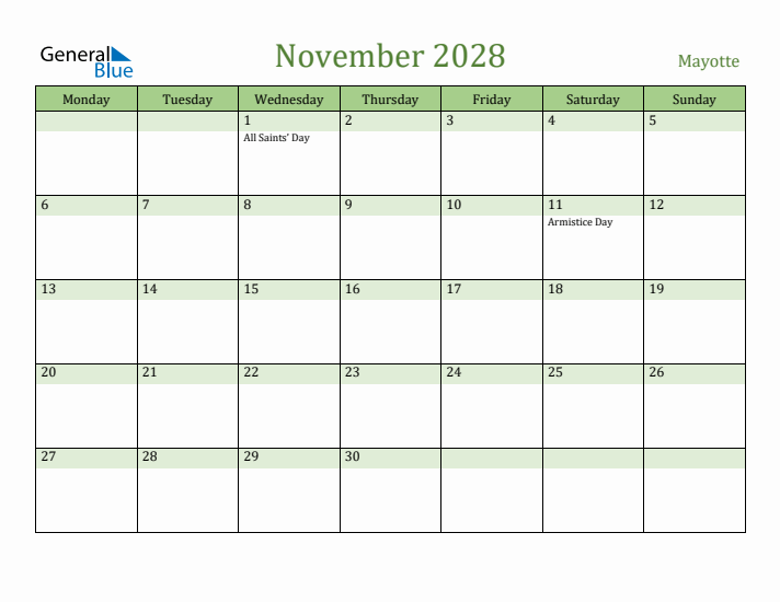 November 2028 Calendar with Mayotte Holidays