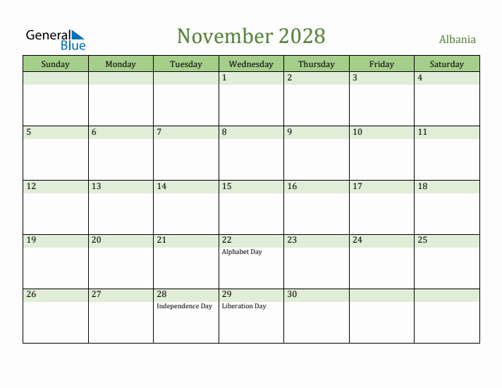 November 2028 Calendar with Albania Holidays