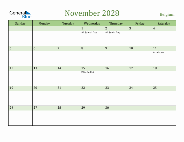 November 2028 Calendar with Belgium Holidays