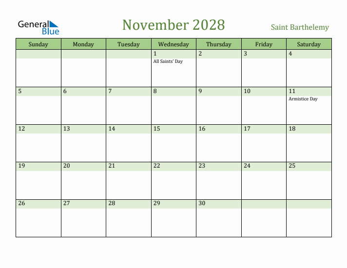 November 2028 Calendar with Saint Barthelemy Holidays