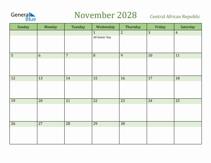 November 2028 Calendar with Central African Republic Holidays