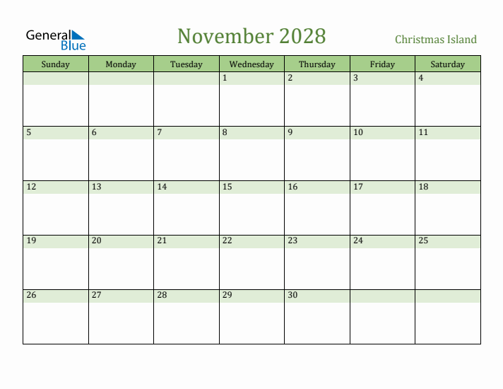 November 2028 Calendar with Christmas Island Holidays