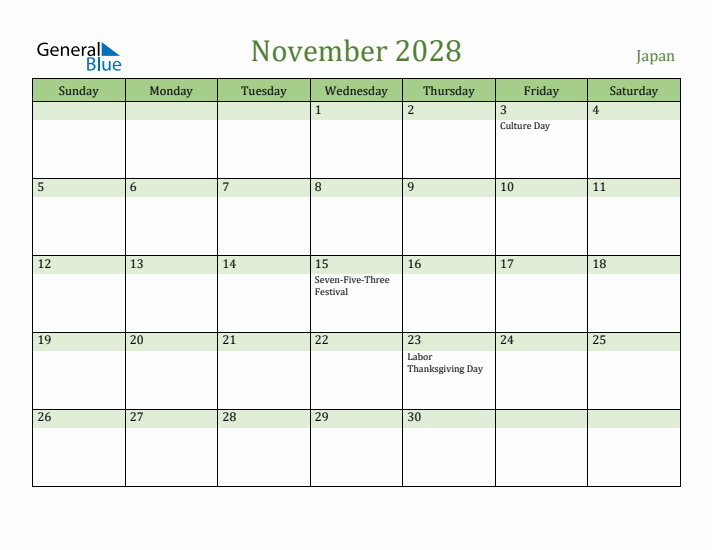 November 2028 Calendar with Japan Holidays