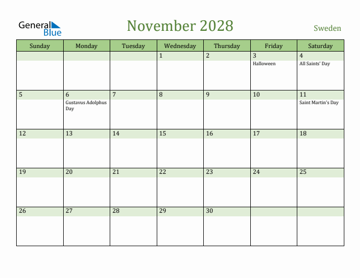 November 2028 Calendar with Sweden Holidays