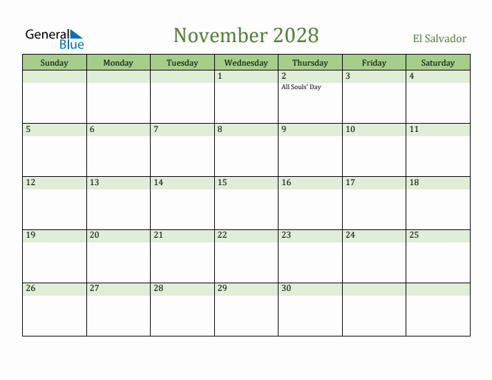 November 2028 Calendar with El Salvador Holidays