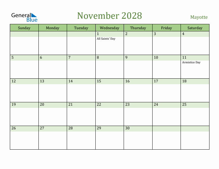 November 2028 Calendar with Mayotte Holidays