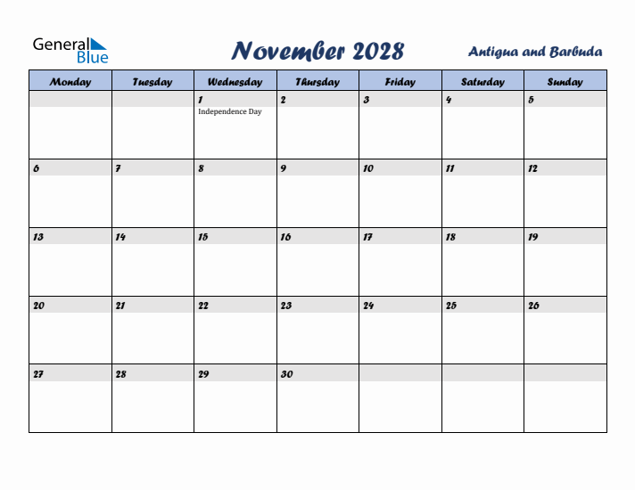 November 2028 Calendar with Holidays in Antigua and Barbuda