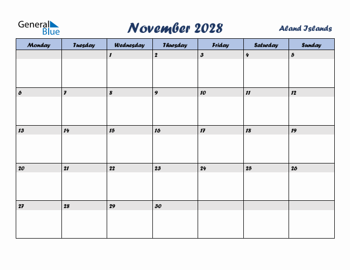 November 2028 Calendar with Holidays in Aland Islands