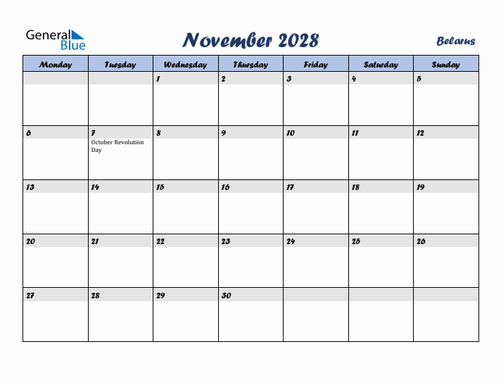 November 2028 Calendar with Holidays in Belarus