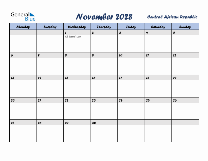 November 2028 Calendar with Holidays in Central African Republic