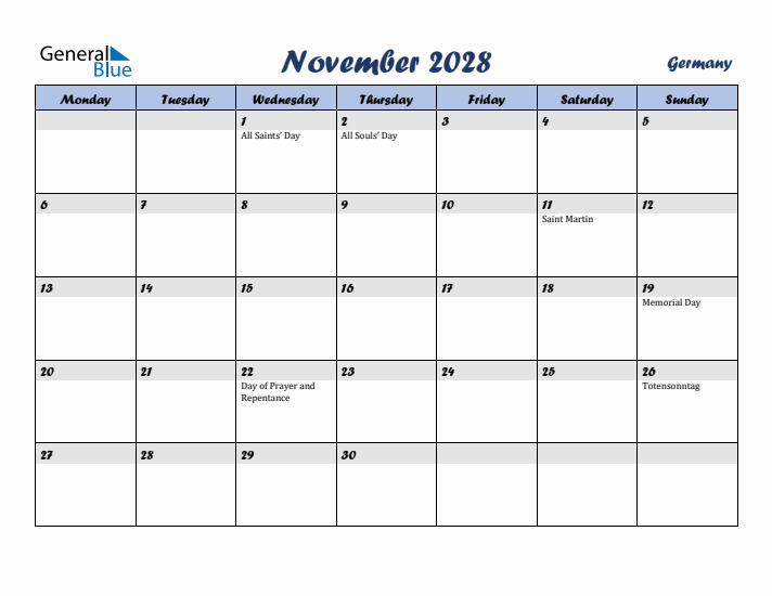 November 2028 Calendar with Holidays in Germany