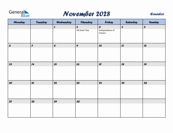 November 2028 Calendar with Holidays in Ecuador