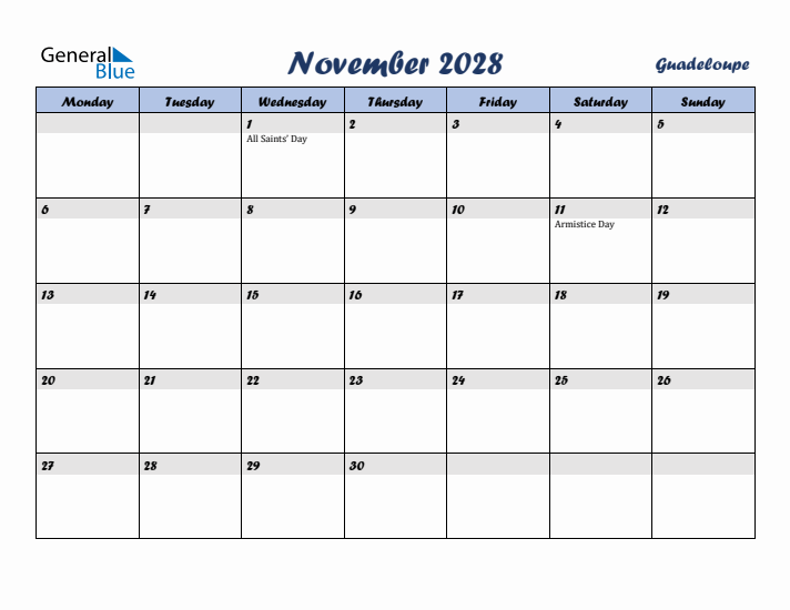 November 2028 Calendar with Holidays in Guadeloupe