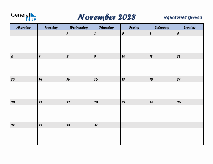 November 2028 Calendar with Holidays in Equatorial Guinea