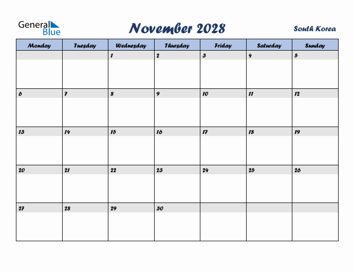 November 2028 Calendar with Holidays in South Korea