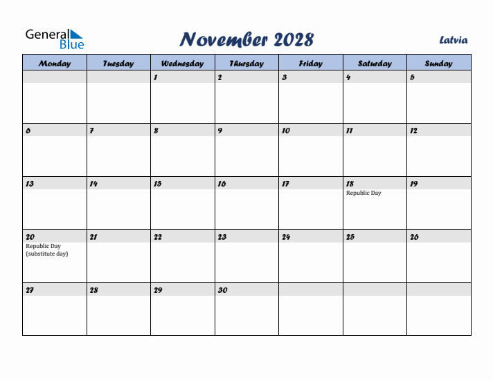 November 2028 Calendar with Holidays in Latvia