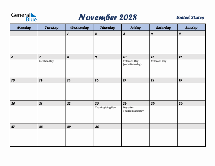 November 2028 Calendar with Holidays in United States