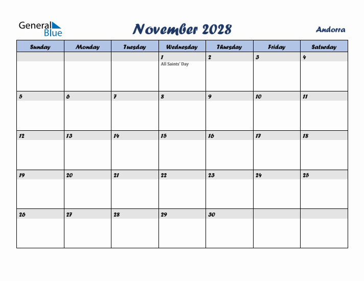 November 2028 Calendar with Holidays in Andorra