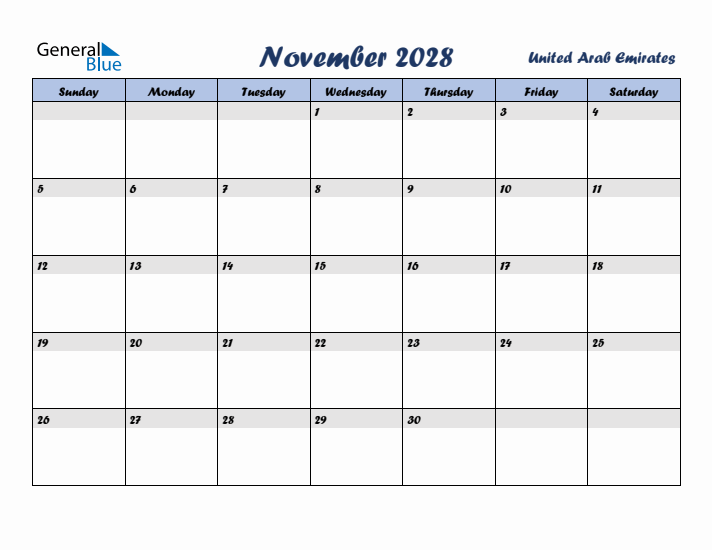 November 2028 Calendar with Holidays in United Arab Emirates