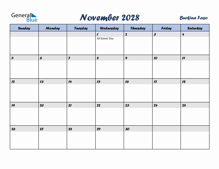 November 2028 Calendar with Holidays in Burkina Faso