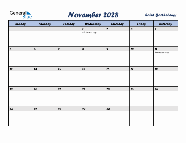 November 2028 Calendar with Holidays in Saint Barthelemy