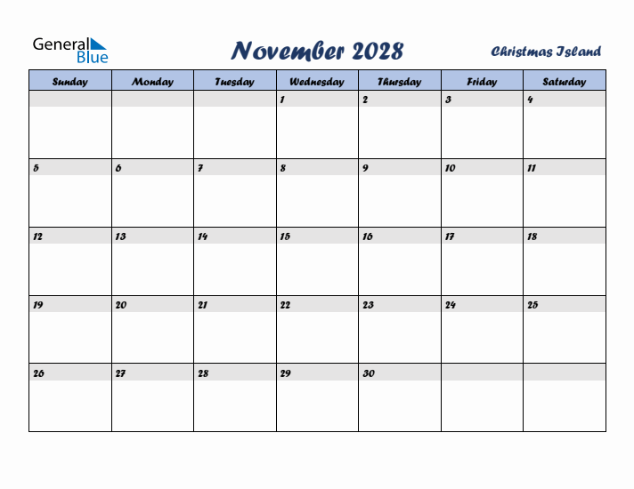 November 2028 Calendar with Holidays in Christmas Island