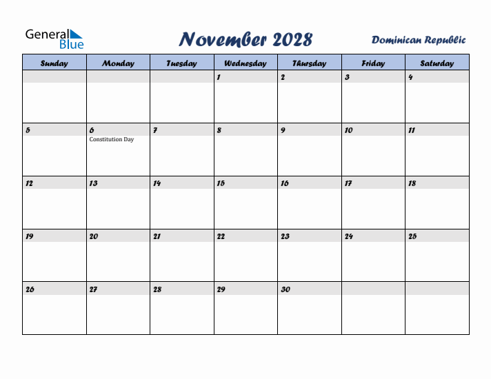 November 2028 Calendar with Holidays in Dominican Republic