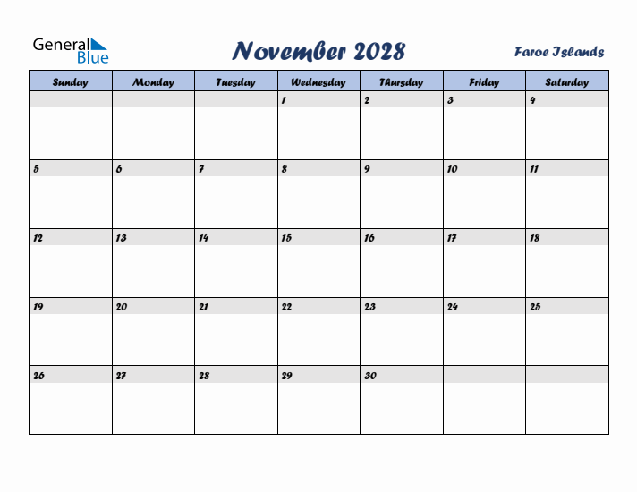 November 2028 Calendar with Holidays in Faroe Islands