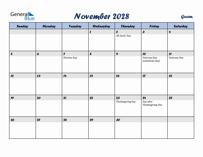 November 2028 Calendar with Holidays in Guam