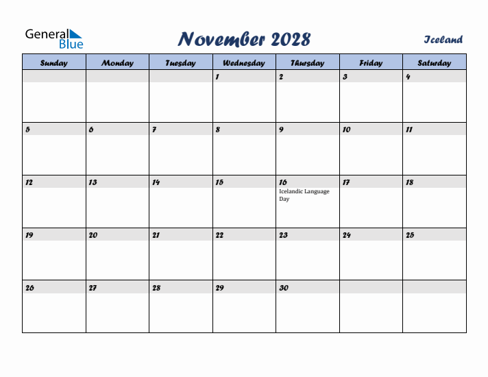 November 2028 Calendar with Holidays in Iceland