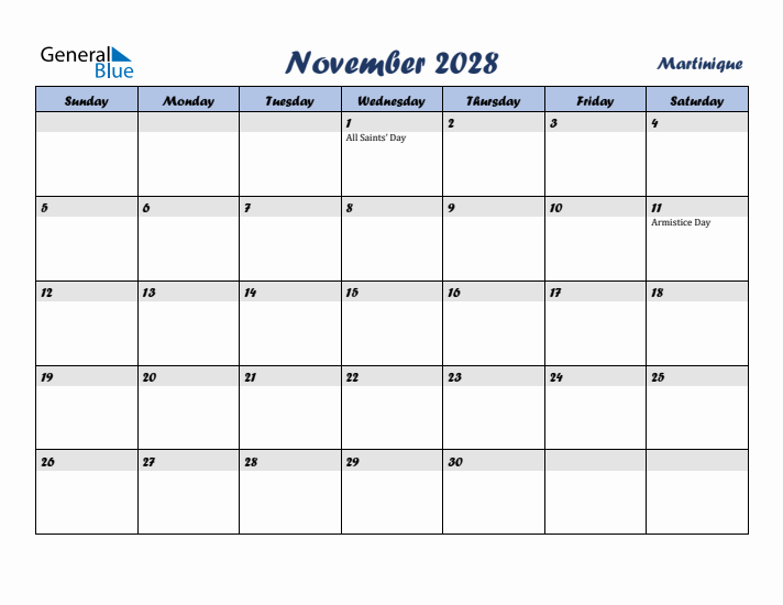 November 2028 Calendar with Holidays in Martinique