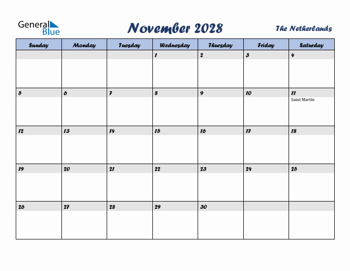 November 2028 Calendar with Holidays in The Netherlands