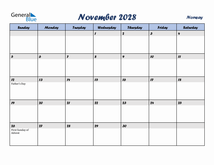 November 2028 Calendar with Holidays in Norway