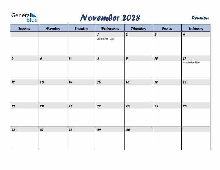 November 2028 Calendar with Holidays in Reunion