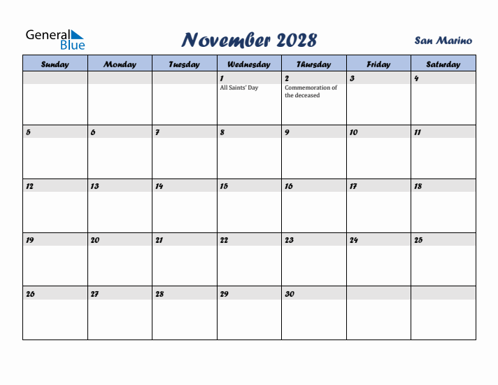 November 2028 Calendar with Holidays in San Marino