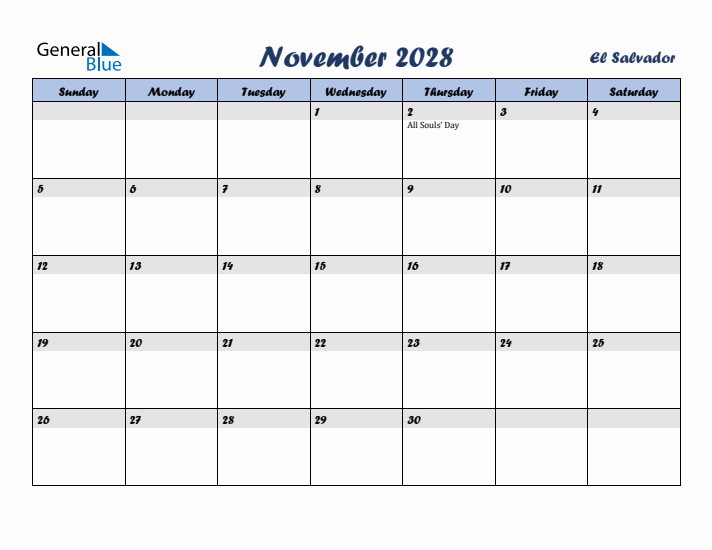 November 2028 Calendar with Holidays in El Salvador