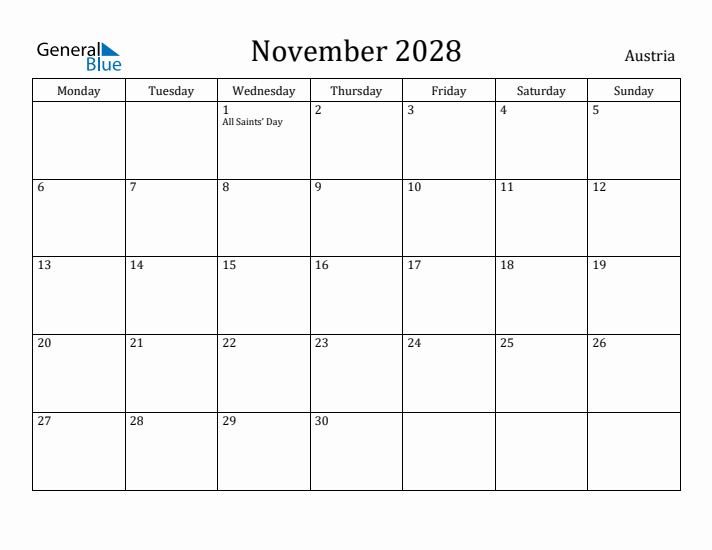 November 2028 Calendar Austria