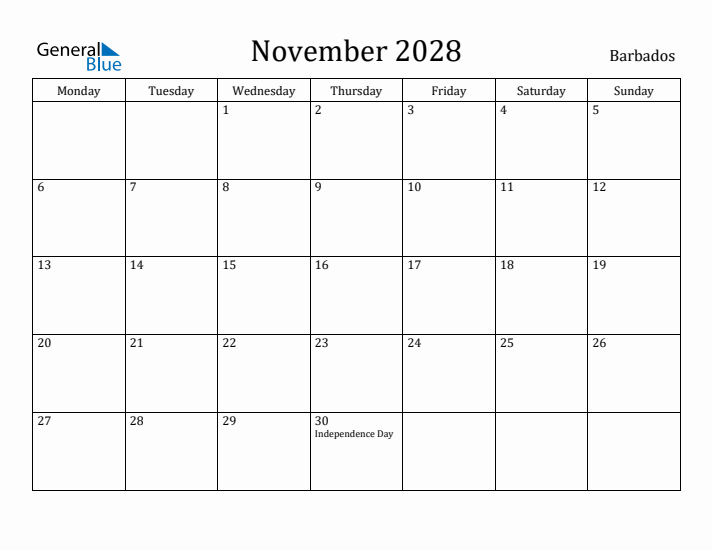 November 2028 Calendar Barbados